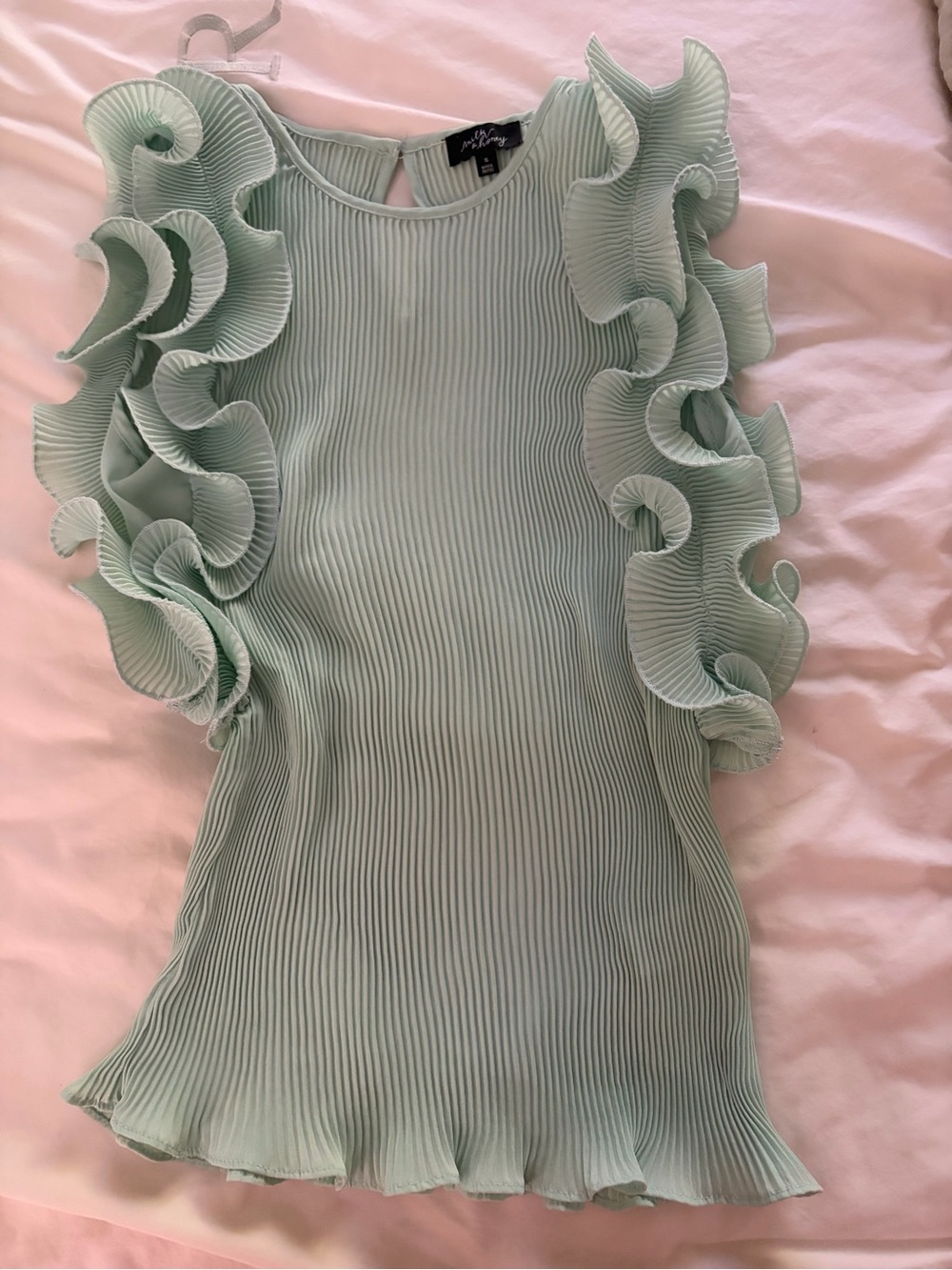 Milk & Honey Mint Green Pleated Ruffle Sleeve Top Size Small